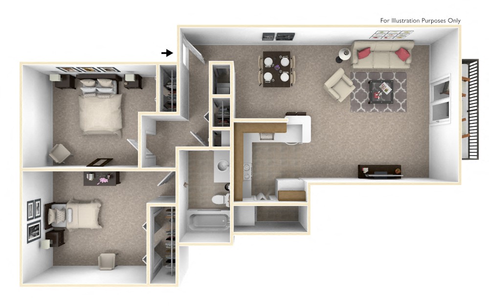Floor plan for 2 beds, 1 bath, 846 sqft